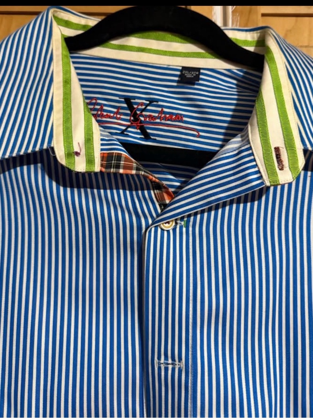 Robert Graham Blue and White Striped Dress Shirt with Green-Trim Collar
